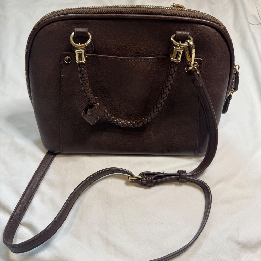 Madison West Camila Red Oxblood Satchel Faux Leather Purse Braided Handle